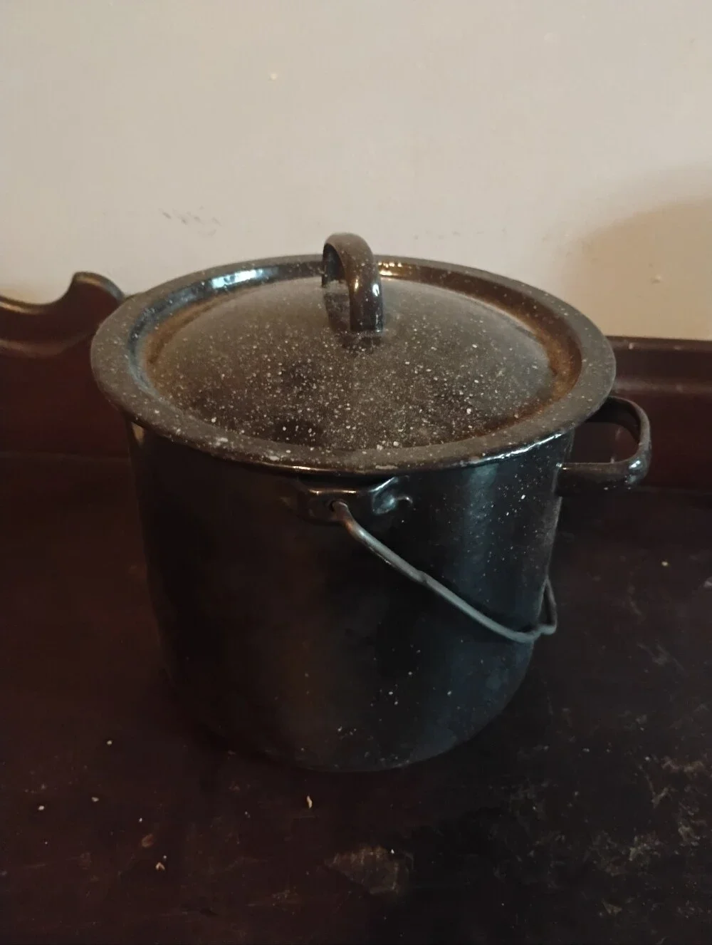 Vintage Black Speckled Enamelware Pot with Lid and Bail Handle